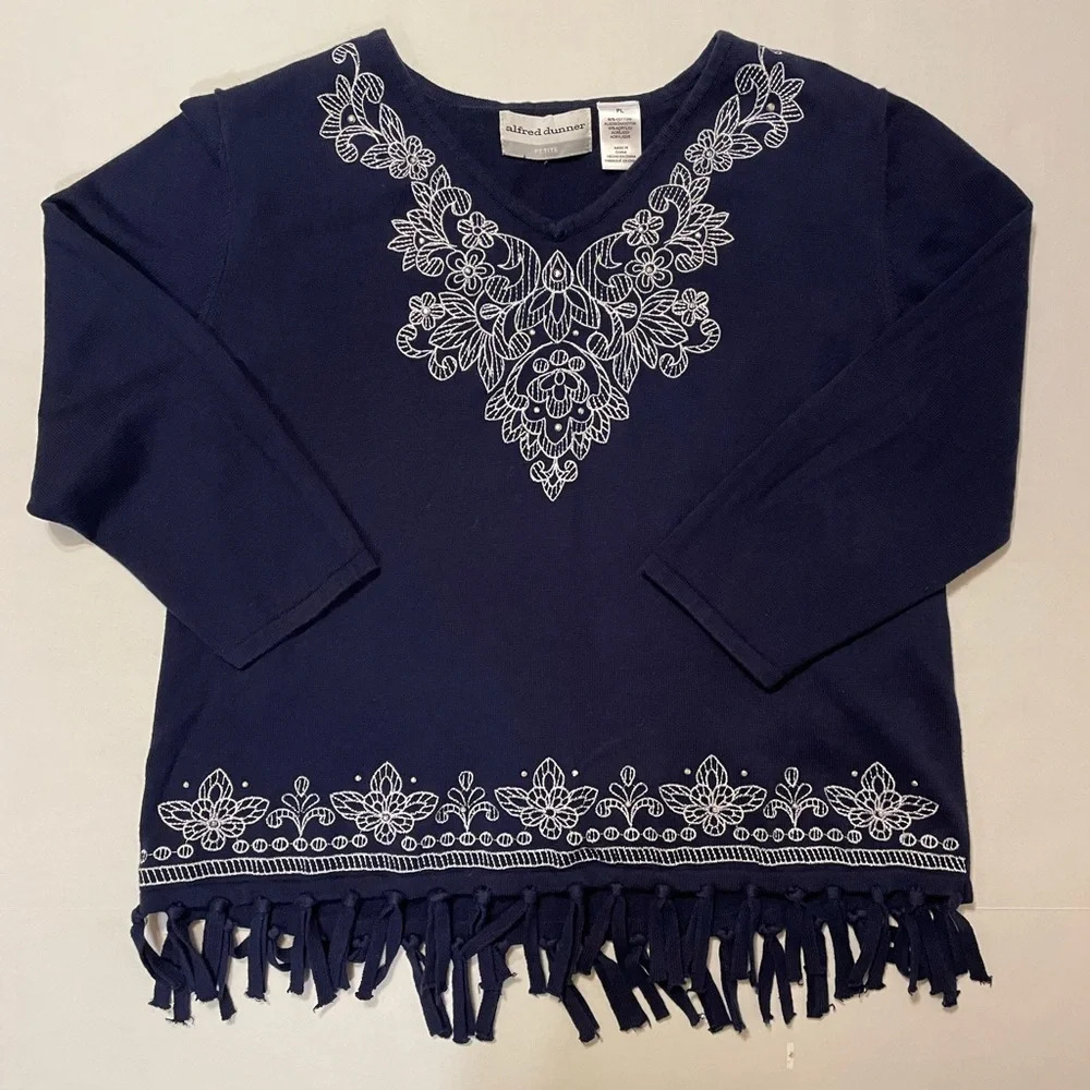 Alfred Dunner Cotton Blend Blue 3/4 Sleeve Fringe Hem Sweater Size Petite Large
